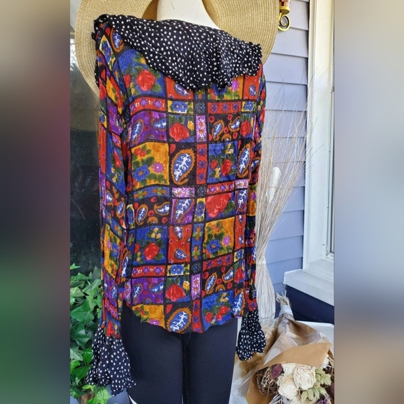 VTG 70s-80s Kaktus Rayon Multicolored Floral Boho Hippie Longsleeved Blouse Top - Picture 6 of 8